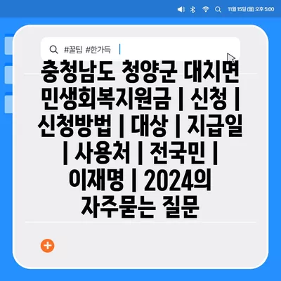 충청남도 청양군 대치면 민생회복지원금 | 신청 | 신청방법 | 대상 | 지급일 | 사용처 | 전국민 | 이재명 | 2024